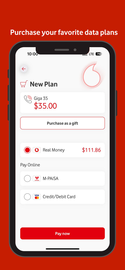 My Vodafone Fiji - Smartphone screen displaying the My Vodafone Fiji app interface for purchasing a Giga 35 data plan with a gift option.