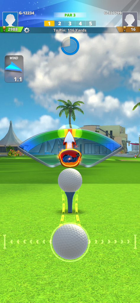 Golf Impact - Real Golf Game - Gameplay view of Golf Impact showing the swing meter and golf ball on a tee at a tropical course.