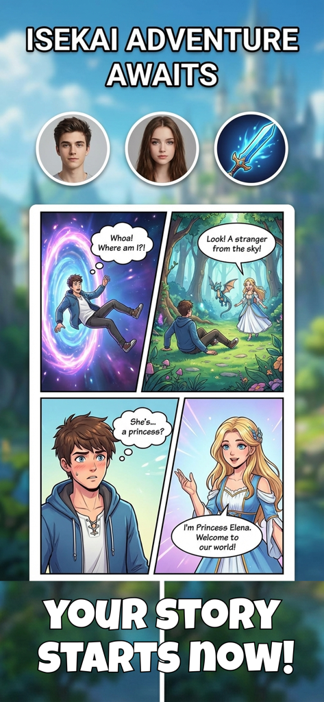 KOMA:Comic Maker Manga, Manhwa - AI generated comic panels showing an Isekai adventure with a portal and a fantasy princess