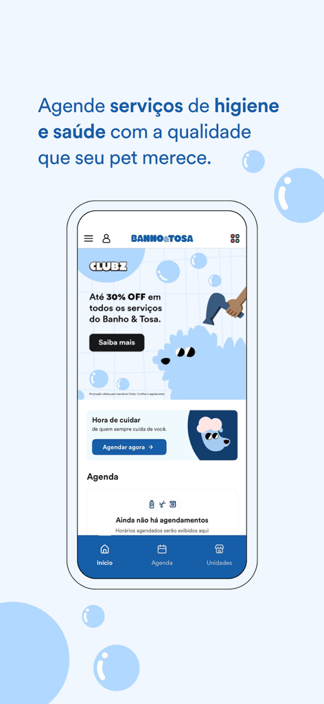 Petz: Tudo que seu pet precisa - Petz mobile app interface for scheduling pet bath and grooming services with special discounts