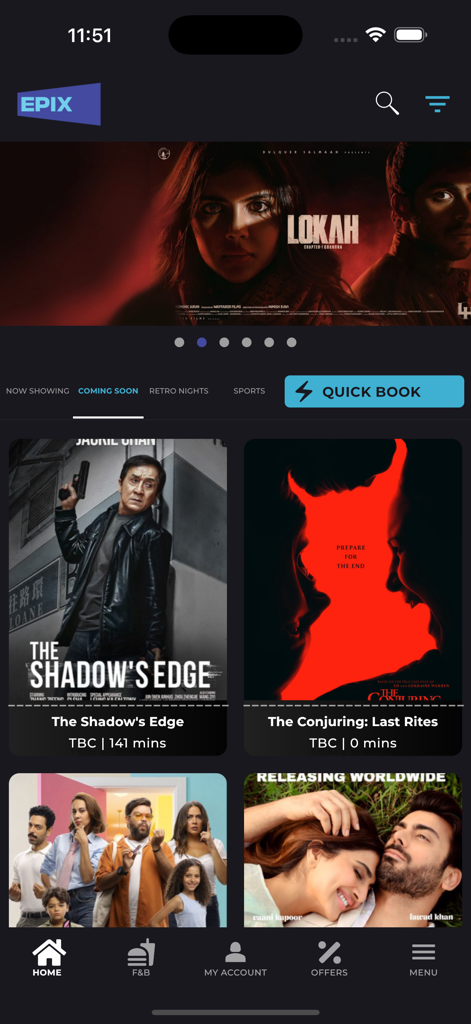 Mobile interface of EPIX CINEMAS app displaying upcoming movie releases and quick booking options