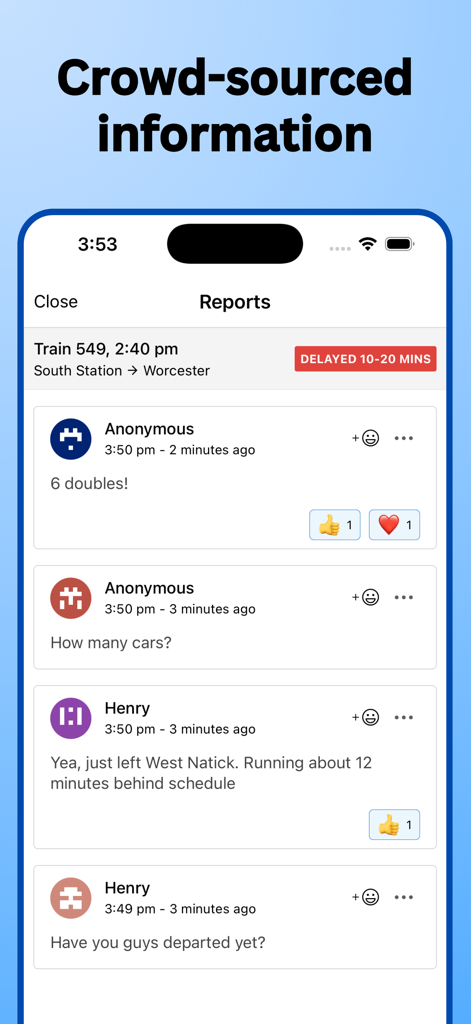 MBTA Rail • Commuter Rail - MBTA Rail app screenshot showing the crowd-sourced reports screen where passengers share real-time train status and delay updates.