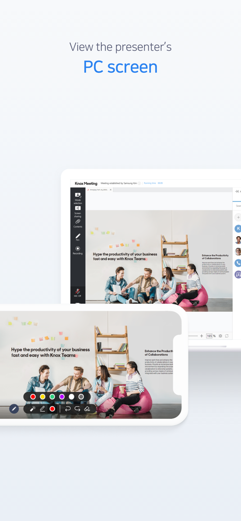 Visualizza lo schermo del PC del relatore su dispositivi tablet e mobili in Knox Meeting.