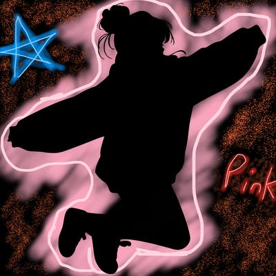 realistic girl jumping with a bun and oversized sweatshirt