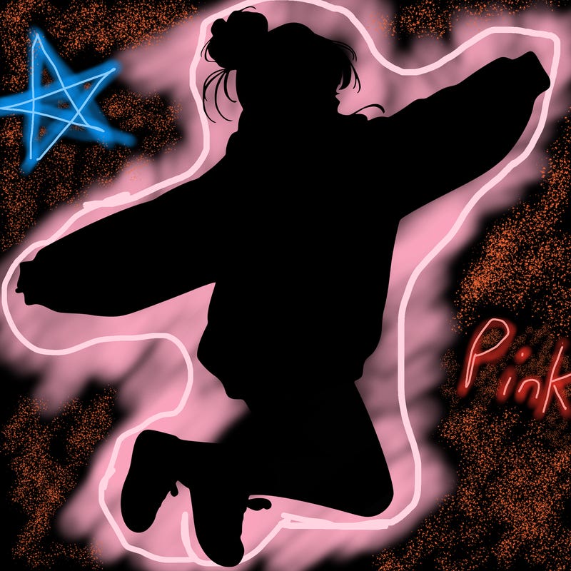 realistic girl jumping with a bun and oversized sweatshirt