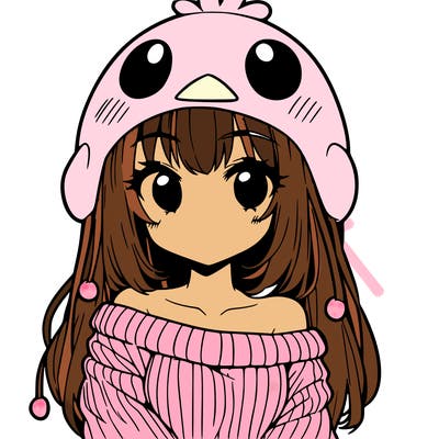 anime girl with chick shaped hat with sweater with bare shoulders with bangs covering them one eye with low tail