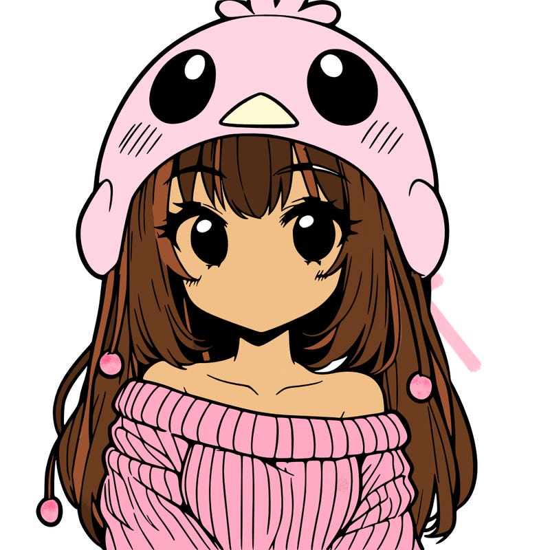 anime girl with chick shaped hat with sweater with bare shoulders with bangs covering them one eye with low tail