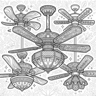 Dive into the intricate world of home decor with this stunning ceiling fan coloring page. Featuring multiple ornate fans complete with integrated lights and delicate patterns, it's perfect for a relaxing creative session.