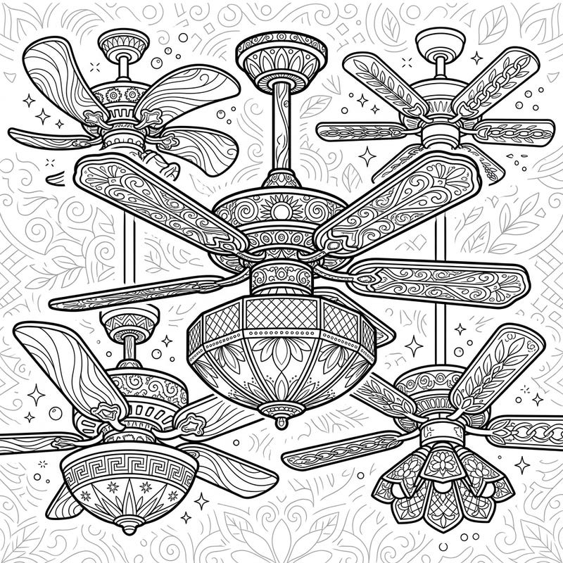 Dive into the intricate world of home decor with this stunning ceiling fan coloring page. Featuring multiple ornate fans complete with integrated lights and delicate patterns, it's perfect for a relaxing creative session.