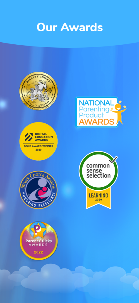 A display of prestigious educational and parenting awards received by Tynker Junior including Parents Choice Gold and Common Sense Selection