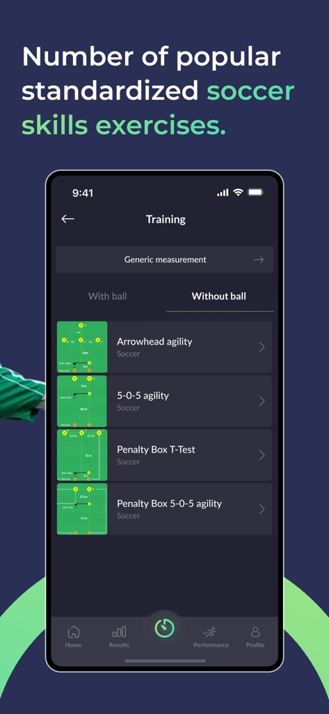 Smart Timer Player app screen showing a list of standardized soccer agility drills including arrowhead and 5-0-5 agility