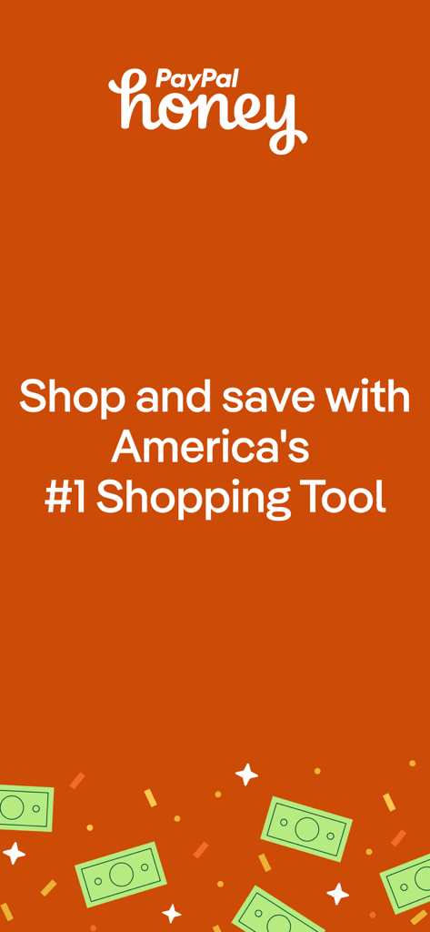 PayPal Honey: Coupons, Rewards - Interface de l'application PayPal Honey affichant le slogan Achetez et économisez avec l'outil d'achat n°1 en Amérique.