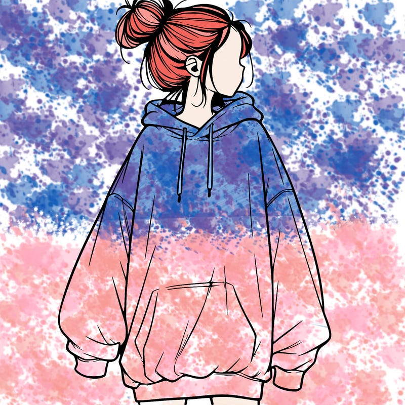 realistic girl with a oversized sweatshirt on and a bun
