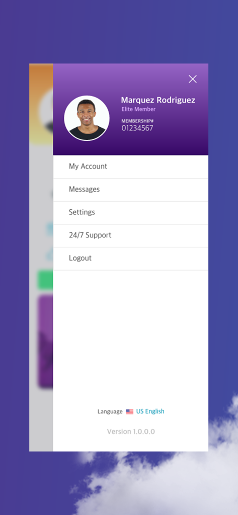 Travel Advantage - Menu del profilo utente nell'app Travel Advantage che mostra lo stato di membro Elite e le impostazioni dell'account