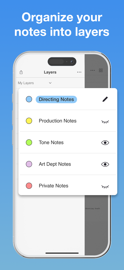 Scriptation: PDF for Film & TV - Scriptation app on iPhone showing organized note layers for film production categories like directing and production