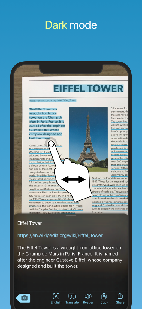 Interfaz de la aplicación Prizmo Go que muestra el reconocimiento y la selección de texto en modo oscuro