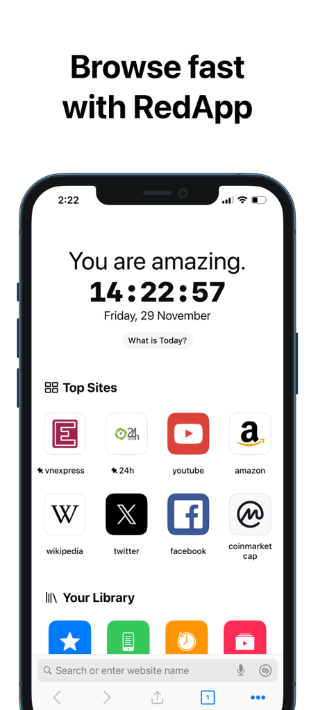 RedApp Browser - RedApp Browser home screen showing top sites and library on a smartphone