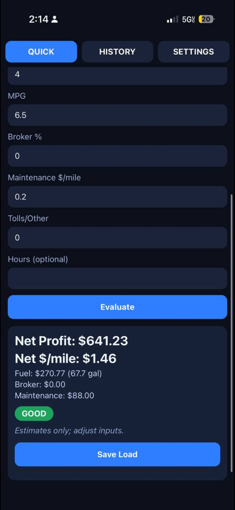 Load Profit Quick Check app interface displaying net profit and cost per mile calculation for a trucking trip