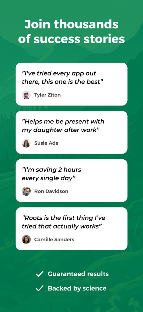 A display of positive user reviews for Roots Screen Time Control app showcasing real-life success stories and scientific backing.
