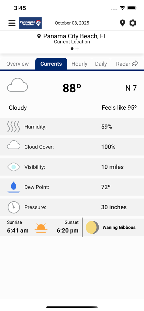 Panhandle Weather App - 팬핸들 날씨 앱에서 플로리다 파나마 시티 비치의 현재 날씨 상태를 보여줍니다.