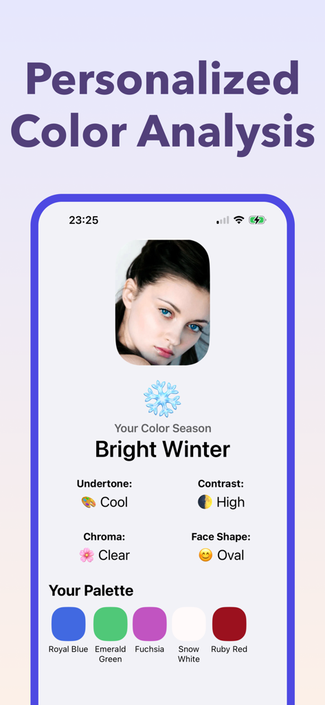 Color Analysis AI. - Mobile app interface showing personalized color analysis results identifying a user as a Bright Winter season with a custom color palette.
