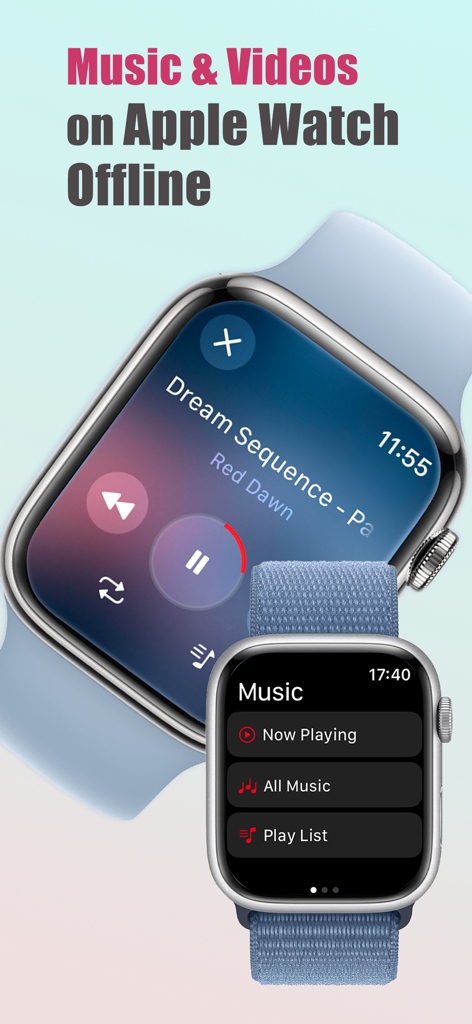 WristPlayer app interface on Apple Watch for offline music and video playback
