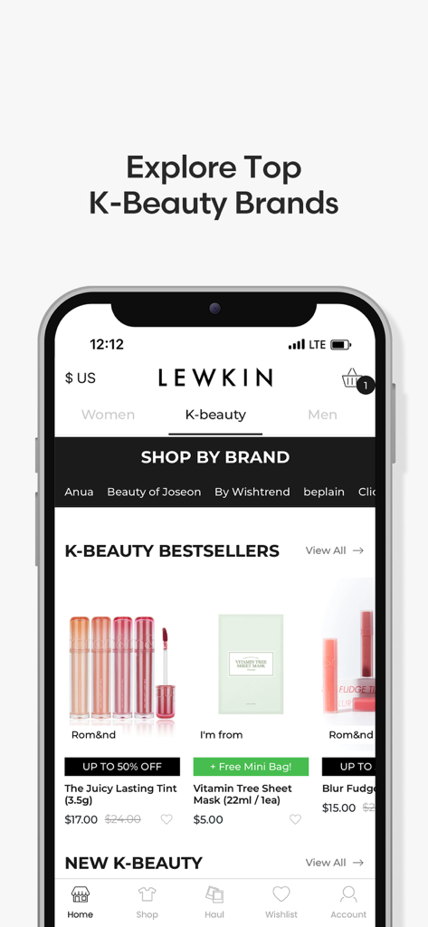 LEWKIN - Captura de pantalla de la aplicación LEWKIN que muestra una selección de las mejores marcas de K-beauty y productos de cuidado de la piel y maquillaje más vendidos.