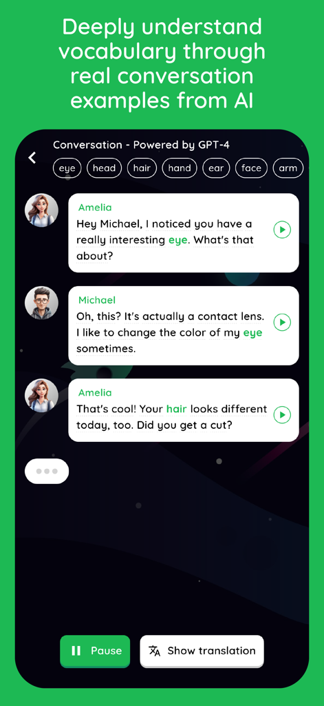 Learn English - Lingoland - Lingolandアプリでの会話英語語彙学習を示すAIチャットインターフェース