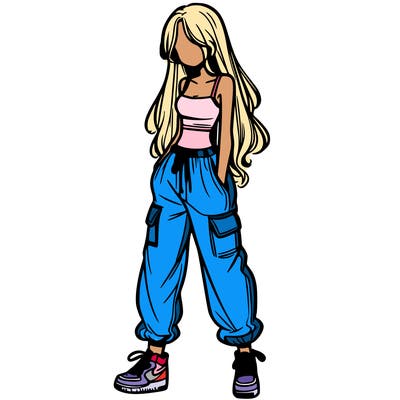 girl in baggy pants crop top and long hair