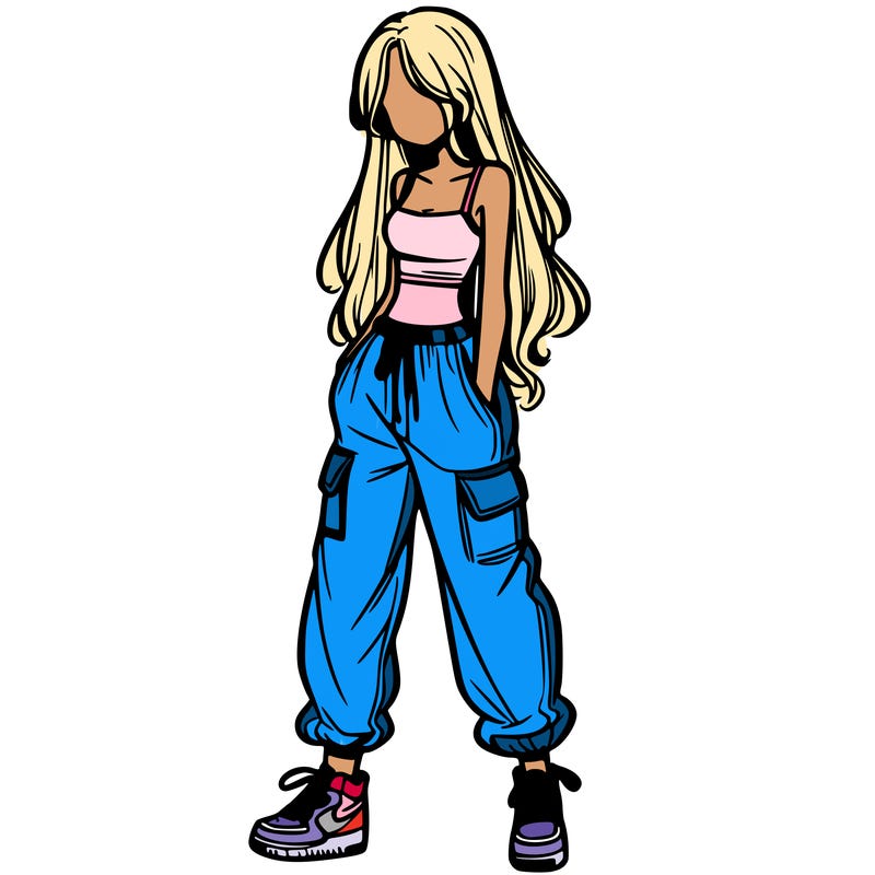 girl in baggy pants crop top and long hair