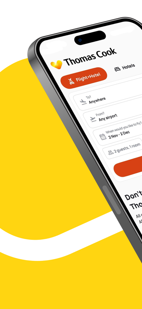 Thomas Cook Holidays & Travel - Pantalla de smartphone mostrando la interfaz de búsqueda de vuelos y hoteles de la app de viajes Thomas Cook