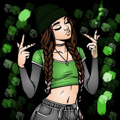 realistic teenage girl with braids and a beanie and crop top doing 🫶🏼