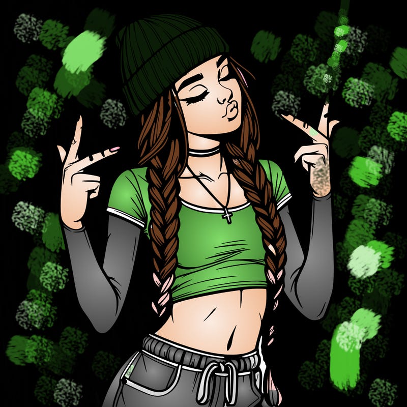 realistic teenage girl with braids and a beanie and crop top doing 🫶🏼