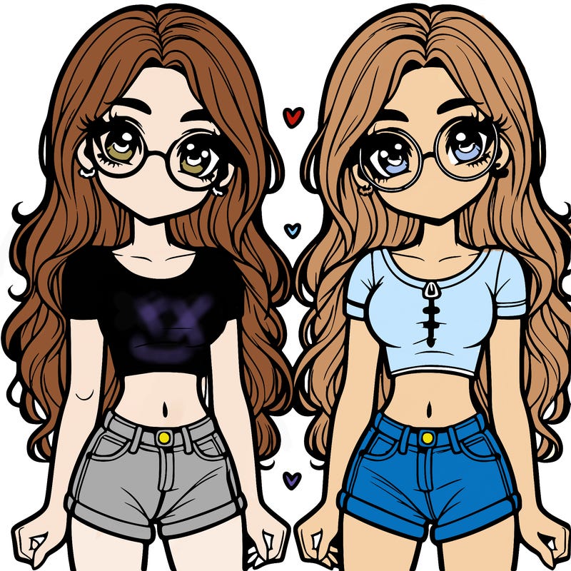 twin girls with long hair and wearing crock top and jeans and with cute glasses