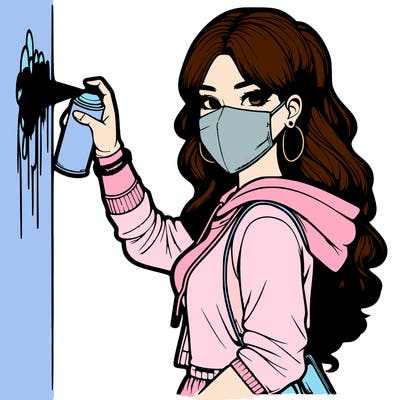 realistic girl with mask spray painting a wall