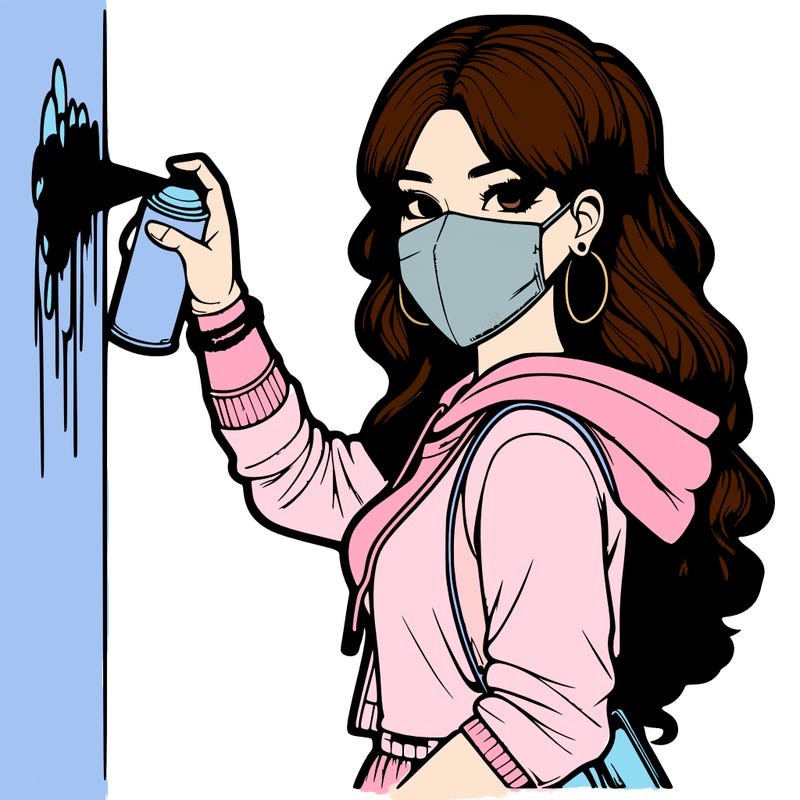 realistic girl with mask spray painting a wall