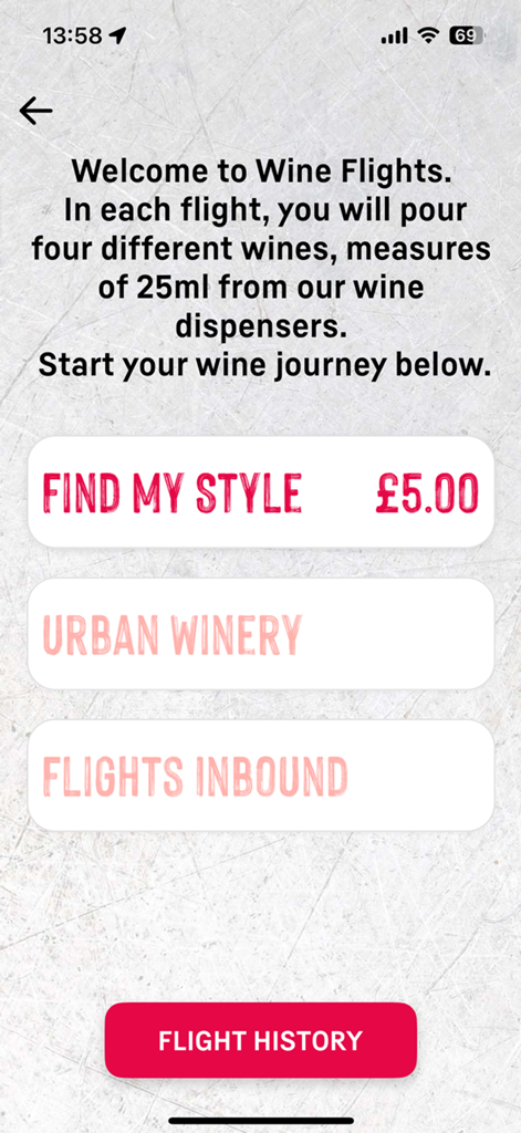 Vagabond Wines - A mobile app screen for Vagabond Wines displaying wine flight options and self-pour tasting instructions.