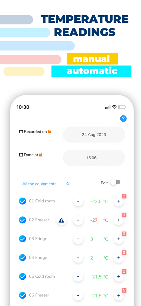 Relevés de température numériques pour les réfrigérateurs et congélateurs de cuisine dans l'application traqfood