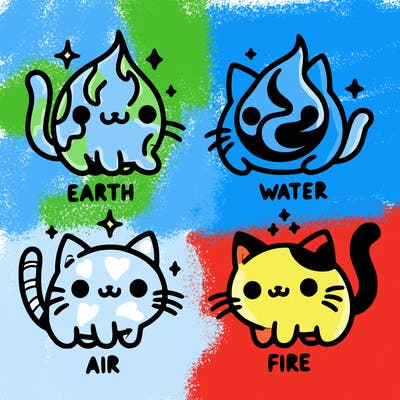 4 cats that represent the different elements, earth, water, air, and fire