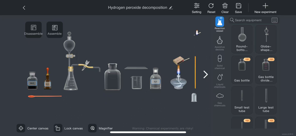 NOBOOK Lab - Virtual chemistry lab interface showing a hydrogen peroxide decomposition experiment with various glassware and chemical reagents.