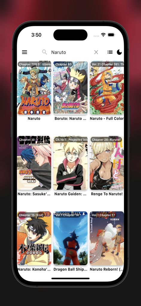 MangaGo - Ultimate Manga App - MangaGo app search results for Naruto showing various manga covers on an iPhone