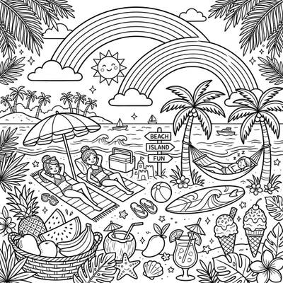 Get ready for a double dose of joy with this exquisite summer vacation coloring page, featuring stunning double rainbows arching over a vibrant beach scene. Perfect for igniting your creativity, it promises hours of relaxing, tropical fun.