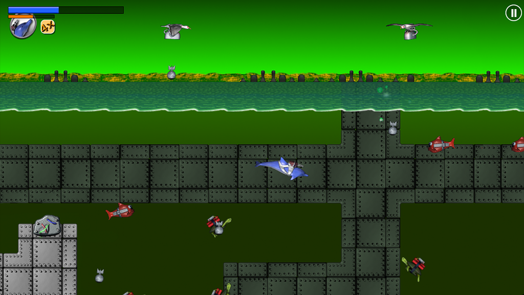 A 2D action game screenshot showing Laser Dolphin swimming through an underwater base while dodging missile fish and TNT turtles.