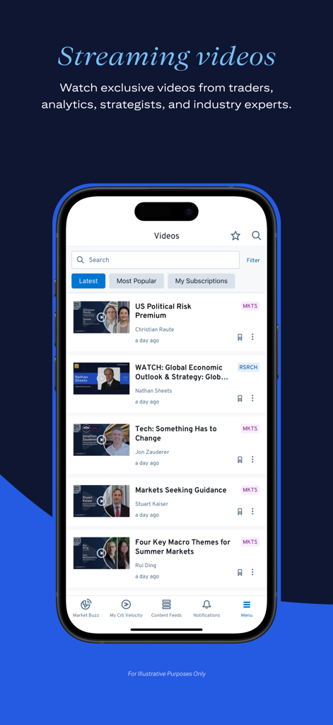 Citi Velocity app interface displaying a feed of exclusive streaming videos with market analysis and financial research from industry experts.