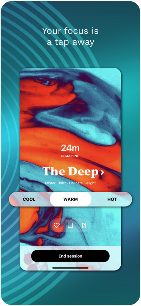 Focus@Will: Control Your ADD - Focus@Will app screen showing a focus session timer with music playback controls and energy level settings