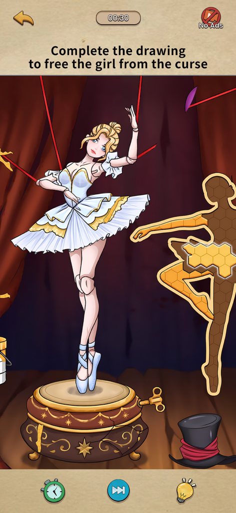 A ballerina puppet on a music box with puzzle elements from Nightmare Puzzles The Unknown.