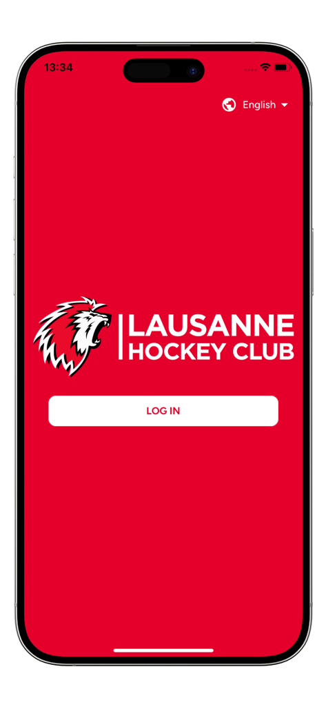 LHC Tickets - Anmeldebildschirm der LHC Tickets App mit dem Löwenlogo des Lausanne Hockey Club auf rotem Hintergrund.