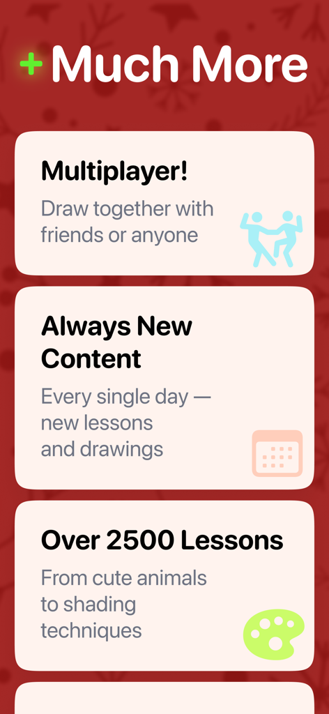 ArtWorkout: Learn How to Draw - ArtWorkout app screen showing multiplayer mode daily content updates and a library of over 2500 lessons