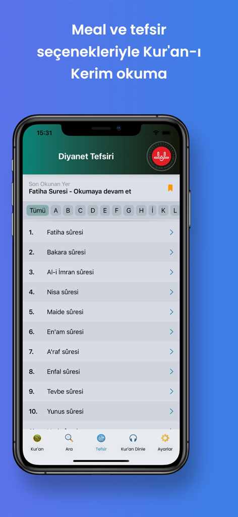 Kuran Dinle app interface showing Diyanet Tefsiri and a list of Quran chapters