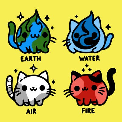 4 cats that represent the different elements, earth, water, air, and fire